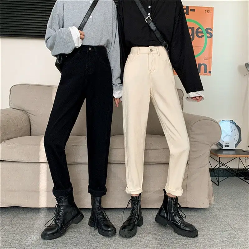 

High Waist Casual Denim Jeans Women's New Sle Versatile Loose Fit Slimming Harem Dad Pants Spring Autumn Beige Cotton Polye...