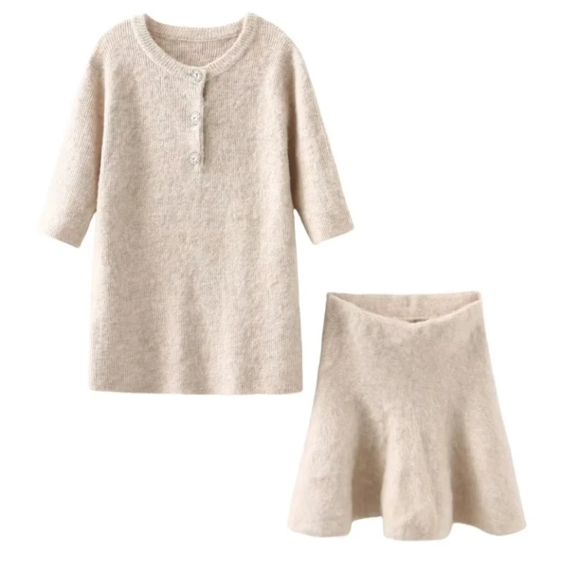 Women Two Piece Sets Skirt Set Round Neck Short Sleeve Knitted Tops Shorts Skirts A Line High Waist Y2k Streetwear Elegant