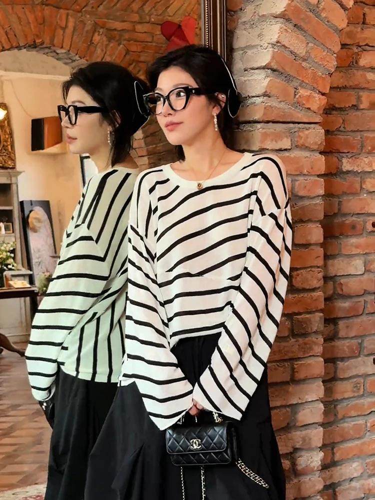 

Летний женский трикотажный топ свободного кроя в полоску с круглым вырезом из личной коллекции Лао Ян