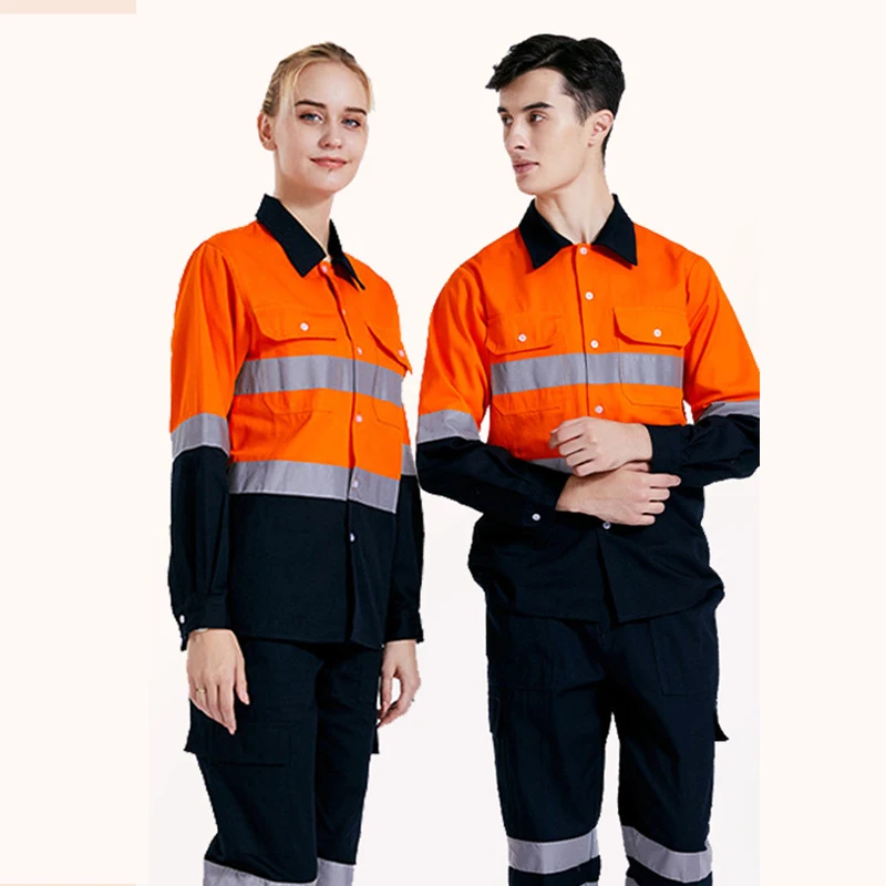 Custom LOGO Reflective Hi Vis Shirt for Men Long Sleeve Cotton Work Shirt Pockets Safety Reflective Working Shirt Workwear