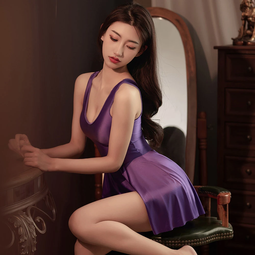 Sexy Gloss Tights summer dress sleeveless vest Shiny One piece swimsuit short skirt sports Oil swim suit body suit