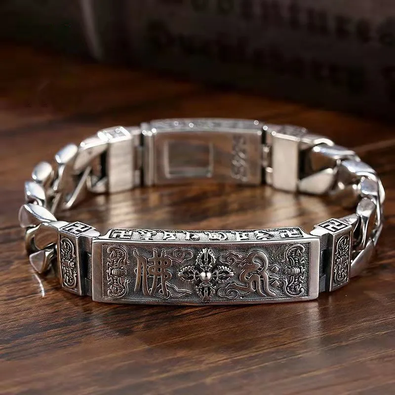 Six Syllable Mantra Braided Bracelet, Silver Plated Bat Charm, Retro Buddhist Style Wristband for Couples