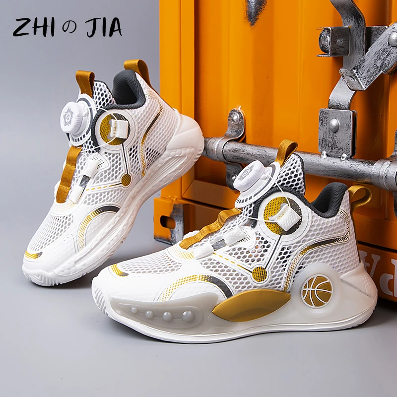 Rotating Buckle Hollow Single Mesh Breathable Children\'s Basketball Shoes Youth Sneaker Boys Outdoor Anti slip Running Footwear