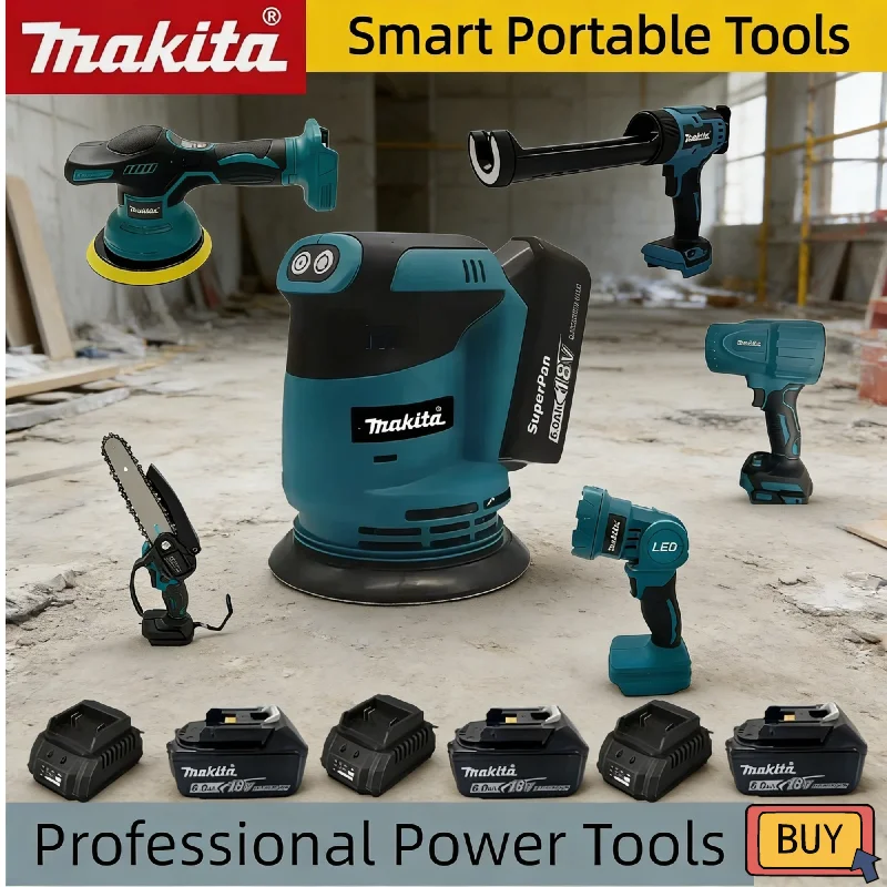 

Различные беспроводные электроинструменты Makita: полировальная машина, воздуходувка, электрический пистолет для герметика, рабочий фонарь и сабельная пила, совместимые с аккумулятором 18В.