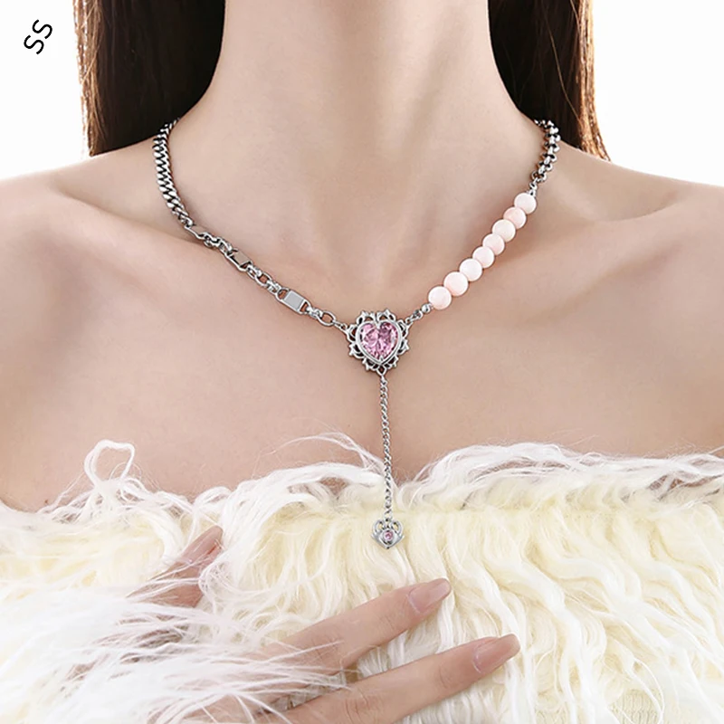 

Barbie Pink Heart Bead Necklace for Women - Trendy Tassel Choker, Elegant Korean Style, Versatile Sweater Chain of Autumn/Winter