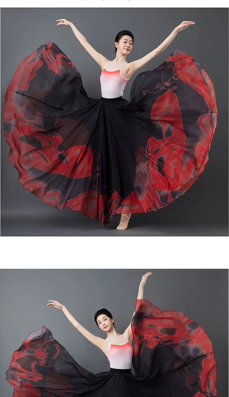Damen-Tanzrock mit Feuer-Farbverlauf, 900 Grad, großer Schwung, fließendes Chiffon-Bühnenkostüm für klassischen und modernen Tanz – Detail 5