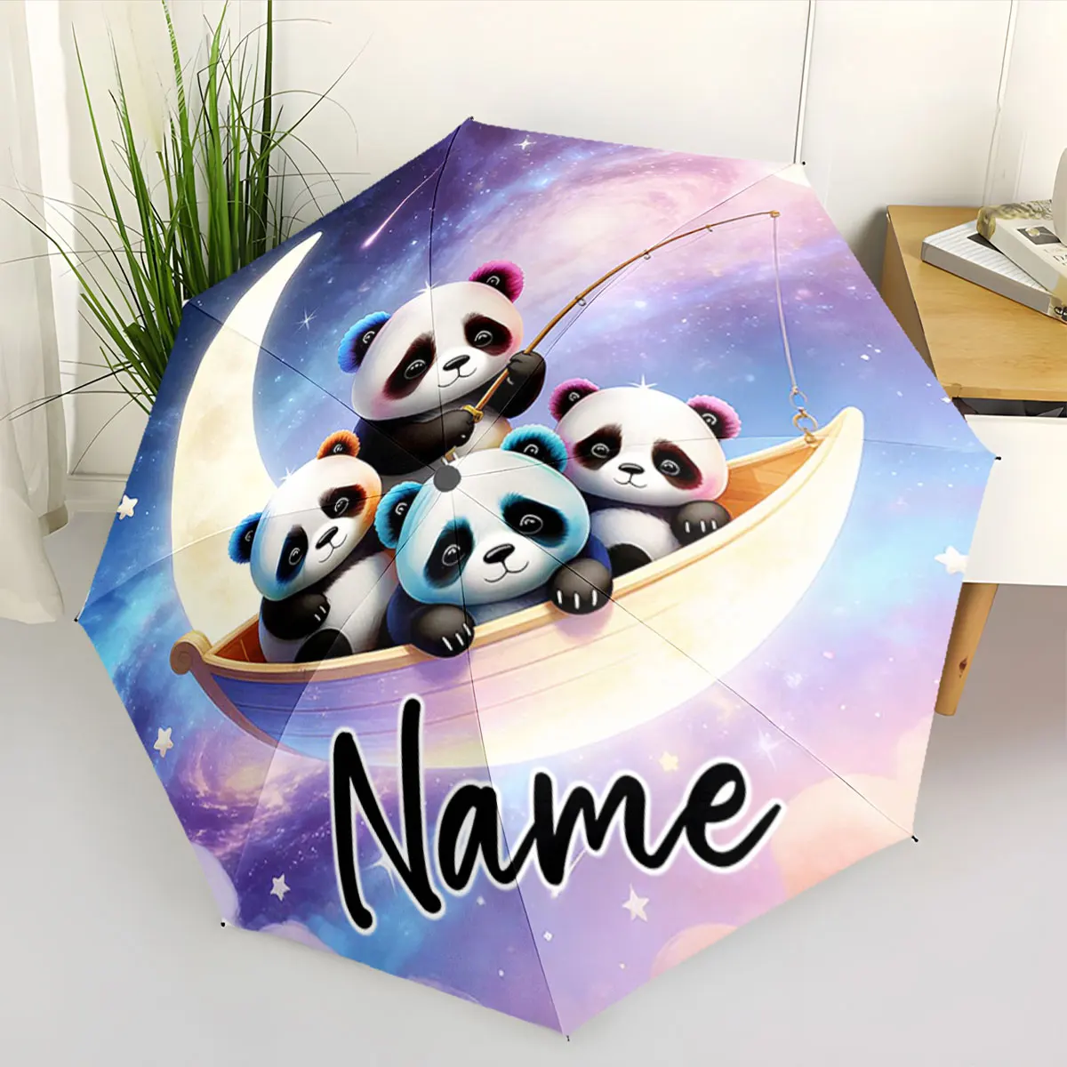 Custom Name Umbrella Panda Pals Sailing Under a Dreamy Night Sky Print 8 Iron Ribs Folding Umbrella Auto-Open Fashion Sunshade