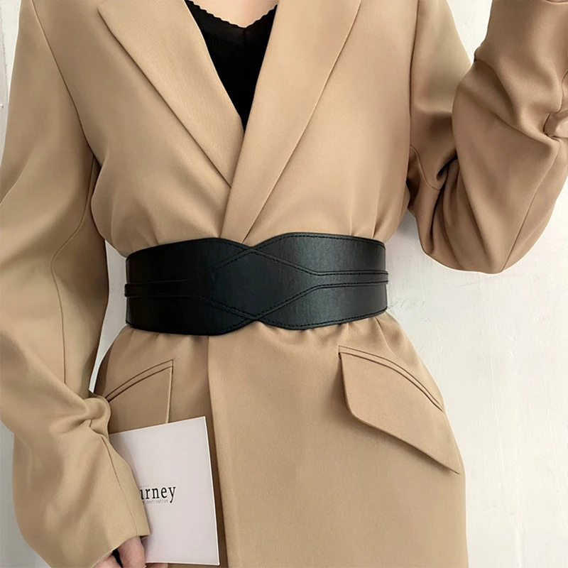 Corsé con cinturón ancho de Color liso para mujer, cinturón elástico ajustado de cuero PU, abrigo para mujer, traje, faja con correa decorativa