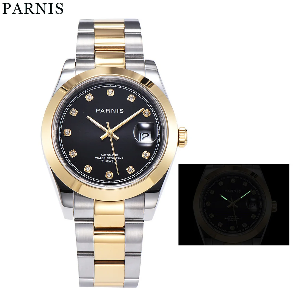 

Parnis 39.5mm Smooth Bezel Elegant Diamond Dial Automatic Men Wristwatch Polished Solid 316L Stainless Steel Case