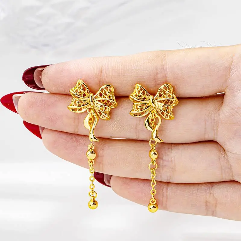 

Luxury 24K 9999 Pure Gold real gold Women's Hollow Bow Tassel Earrings