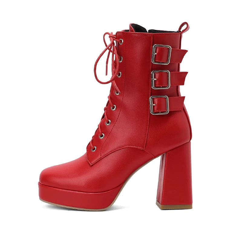 

Women Ankle Boots Platform Lace-Up High Heels Short Boot Female Belt Buckle Autumn Winter Red Yellow White Sexy Shoes Large Size