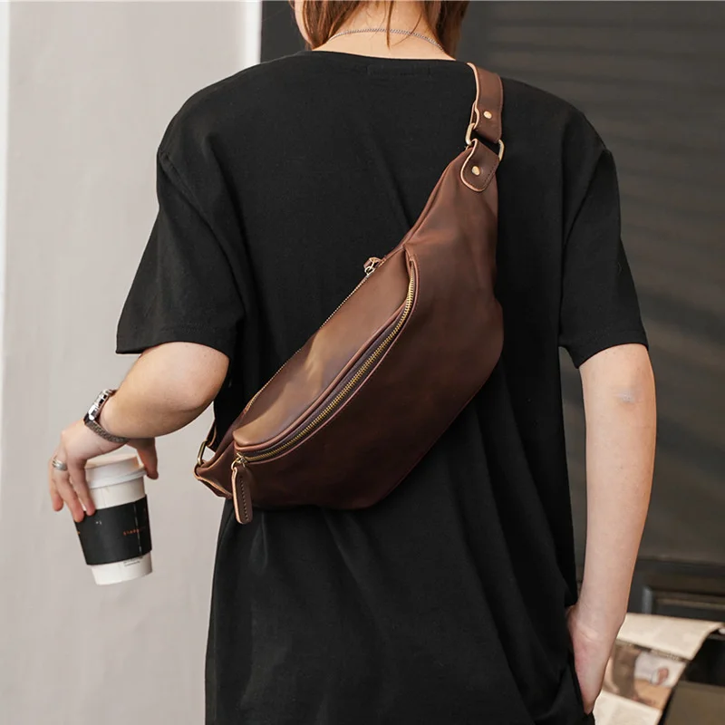 Vintage Trendy Men's Waist Pack Fashion PU Leather Chest Bag Outdoor Shoulder Messenger Bag Man Belt Pouch Sports Fanny Pack