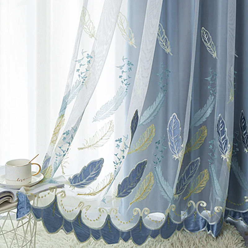 Nordic Minimalist Doulble Layer Curtain Feather Embroidered Sheer Curtain Plus Thick Cloth Curtain for Bedroom Living Room