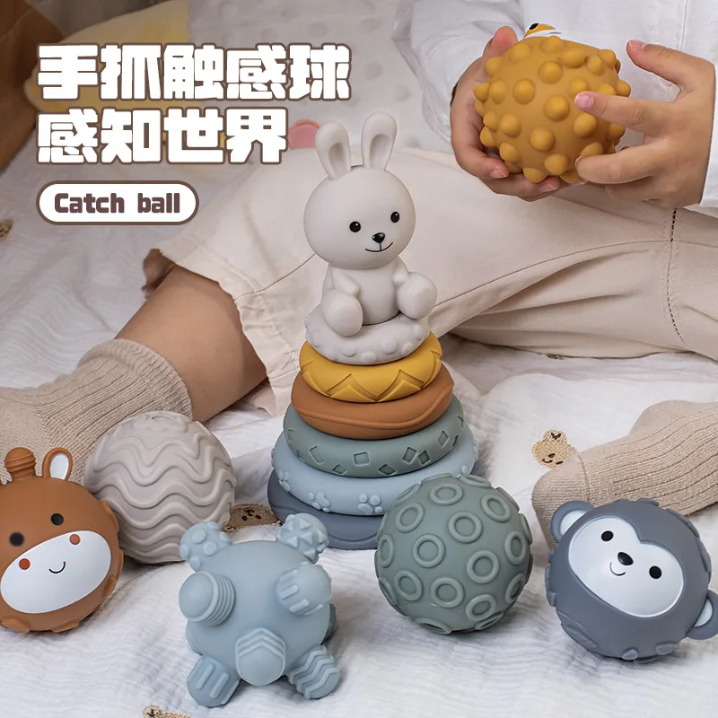 ของเล่นลูกบอลจับถนัดมือสำหรับเด็กทารกและเด็กเล็ก ทำจากพลาสติกนิ่ม รูปทรงสี่เหลี่ยม วงกลม สามารถซ้อนกันได้ ของเล่นบีบและสัมผัส