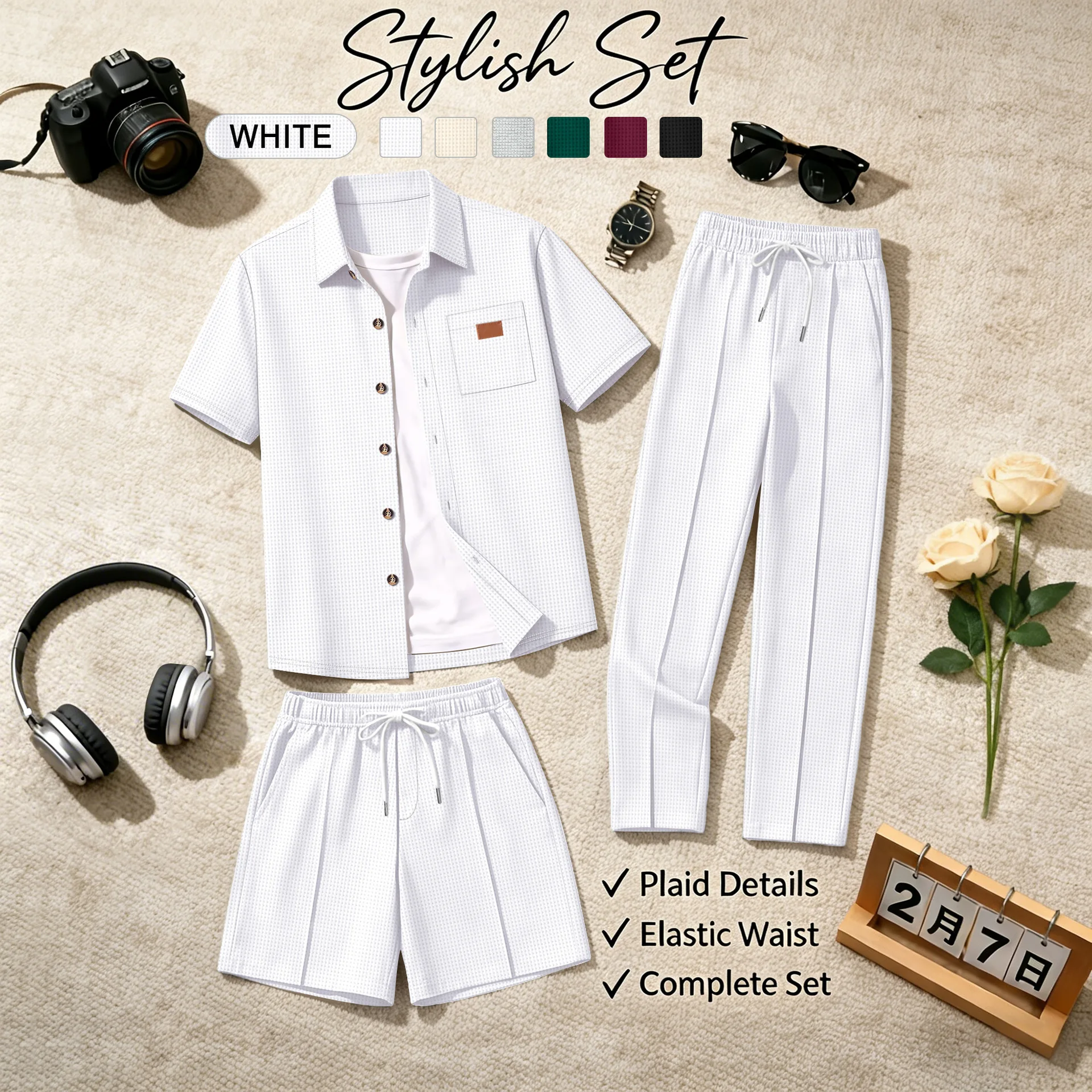

New men's casual three-piece waffle set (short-sleeved button-down shirt + shorts + long pants) casual checkered sportswear