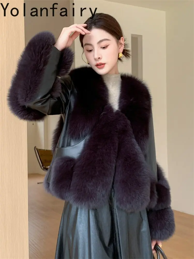 YOLANFAIRY Short Women Genuine Sheepskin Down Jacket 2026 Real Fox Fur Coat Luxury Young Style Winter Fur Coats and Jackets