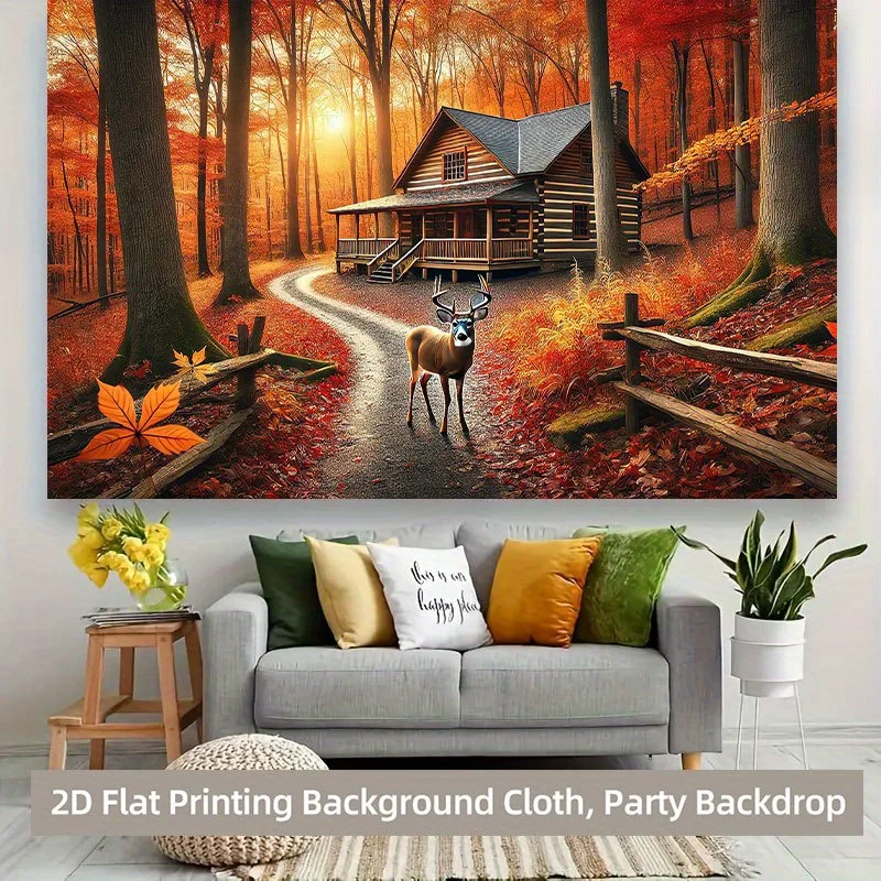 2D Flat, 1-Panel Autumn Forest Cabin Backdrop - Large Horizontal Wall Mural with Deer, Log Cabin & Wood Fence - Realistic Fall F