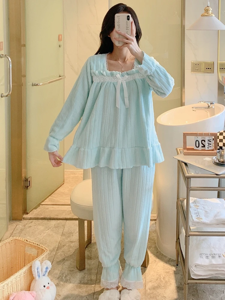 

Autumn Winter Plu Spwear Women Sweet Innocent Sle Ruffle Home Clothes Set Light Pink Long Sve Nightgown