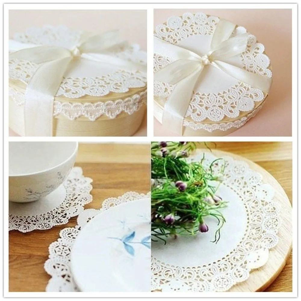 100PCS Round Shape Lace Paper Doilies Hollow Lace Dessert Serving Oil Absorbent Paper Flower Bottom Pattern Cake Paper Doilies