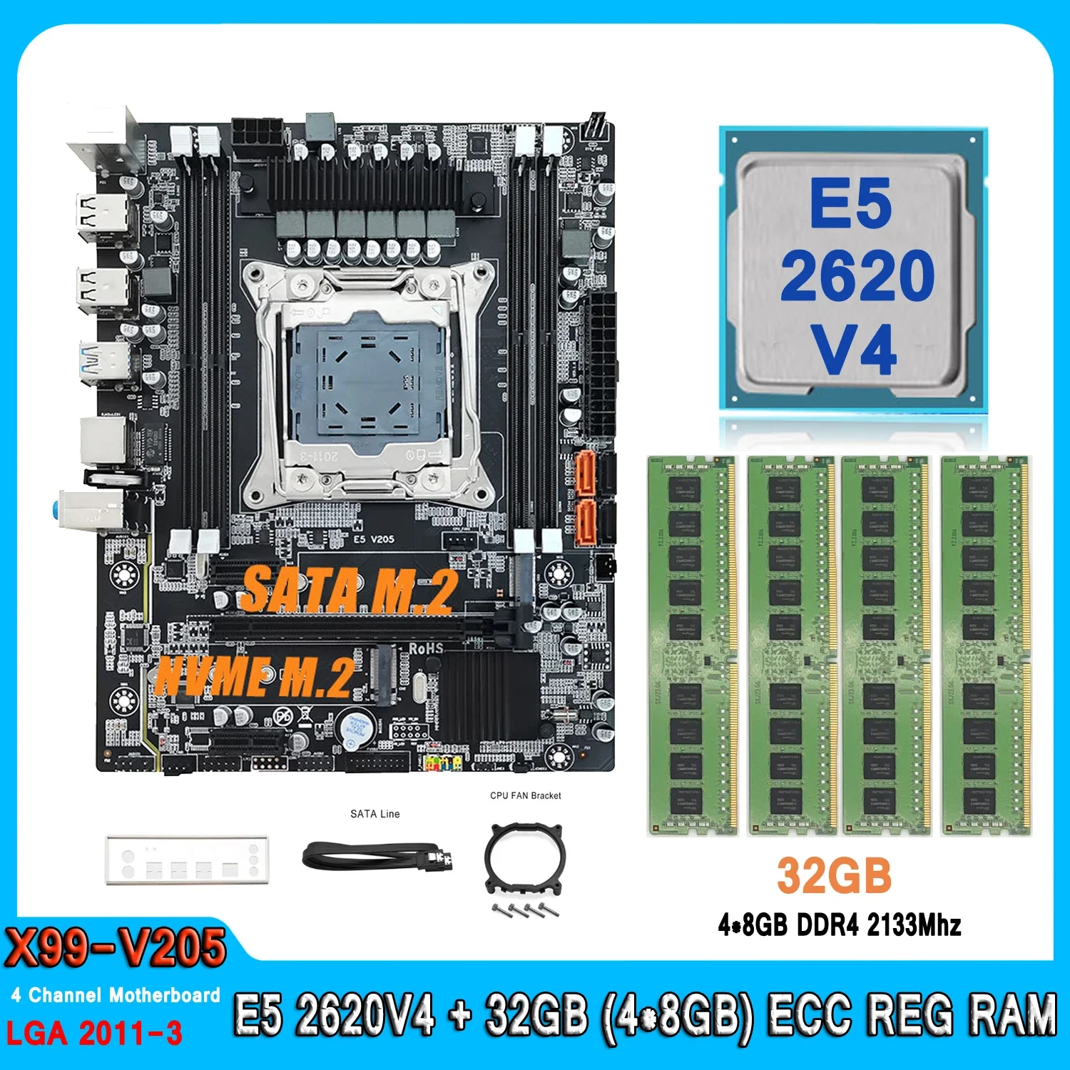 

X99 Motherboard kit with Intel Xeon E5 2620 V4 CPU DDR4 32GB (4*8GB) 2133MHz Four Channel RAM Set E5 2620V4 Computer Motherboard