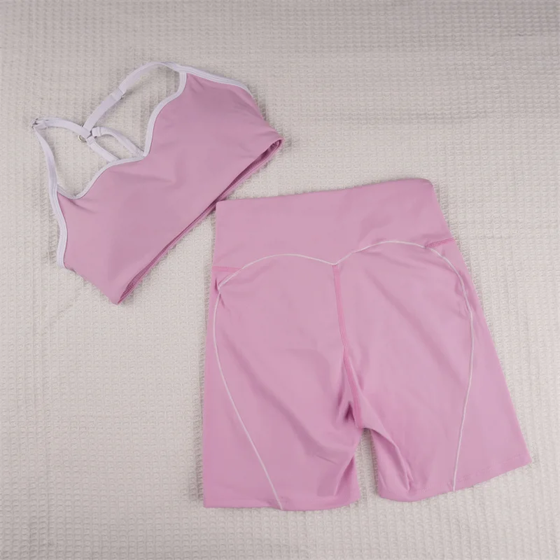 SVEIC Yoga Shorts Sets Fitness Sports Bras Suits Contrasting Color High Waisted Sportswear Workout Running Training Gym Clothing