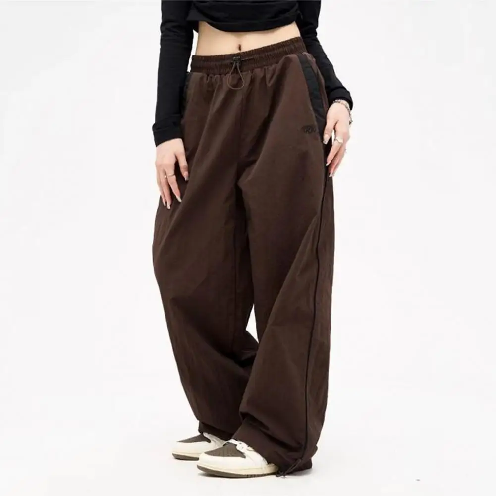 Women Summer Casual Pants Elastic High Waist Straight Wide Leg Long Trousers Contrast Color Pockets Sport Pants Streetwear