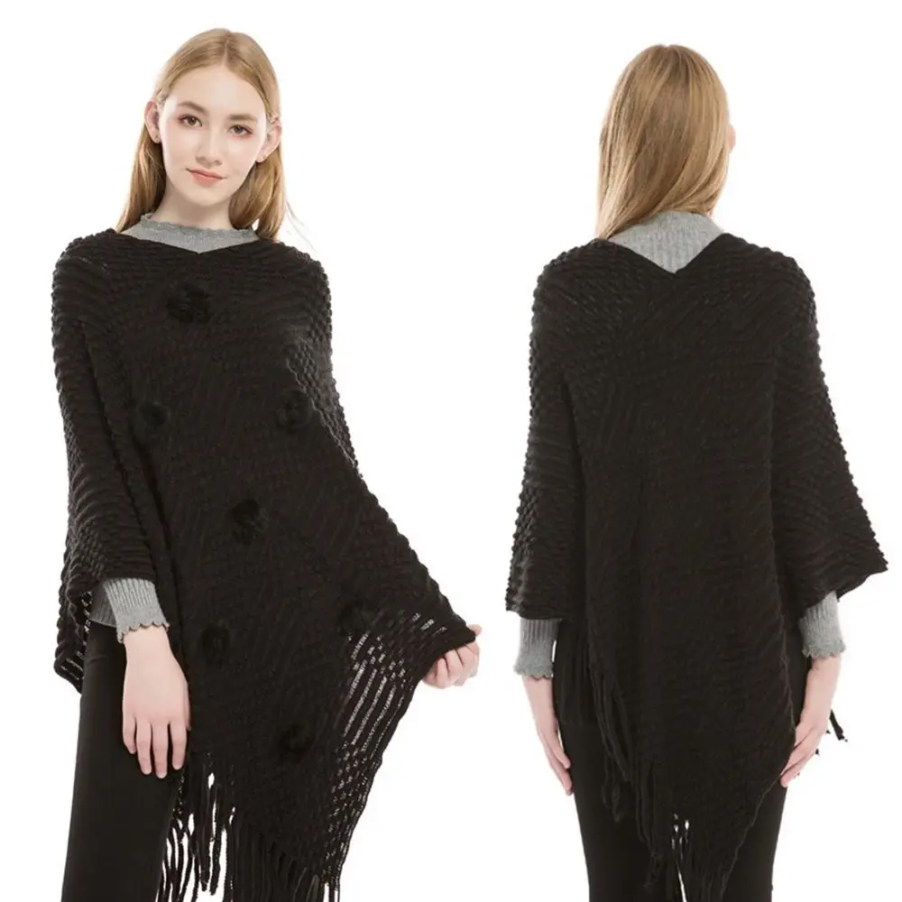 

New Imitation Cashmere Warm Shawl Rabbit Fur Ball Plus Size Wrap Cloak Solid Color Women's Cape