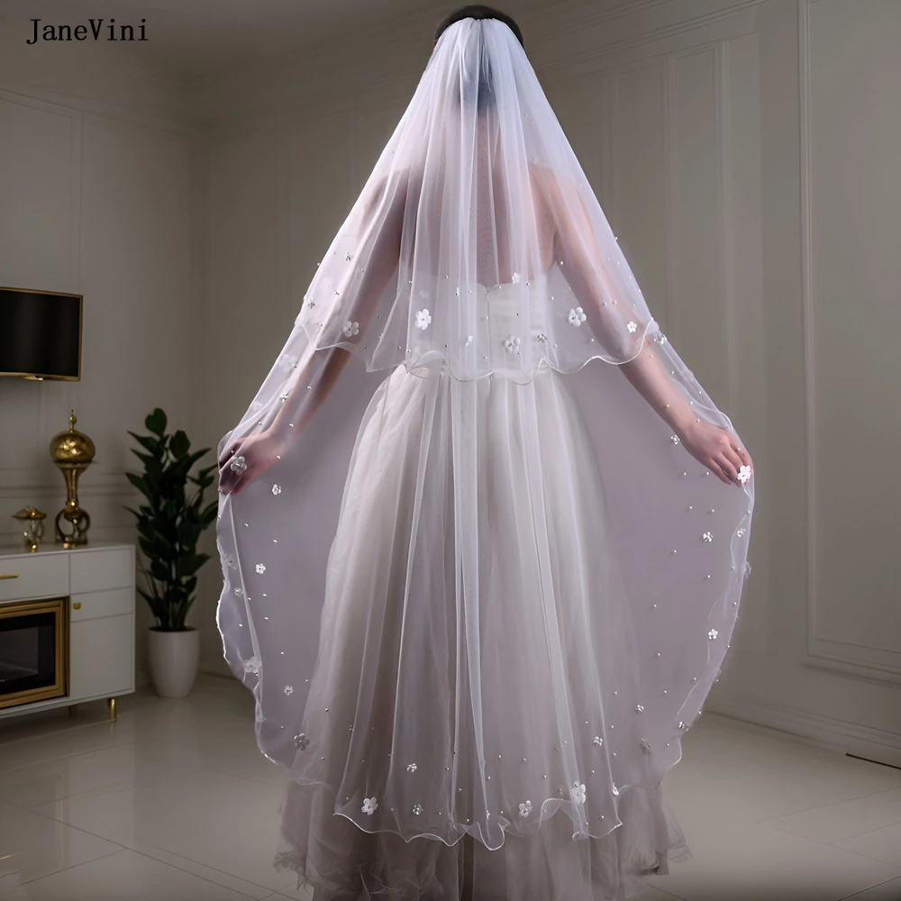 JaneVini 2024 Korean Style Short Bridal Veils with Comb Two Layers White Romantic 3D Flowers Pearls Bride Veil for Wedding Dress