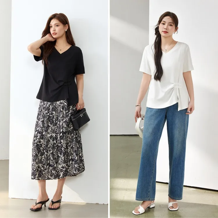 Camiseta con efecto adelgazante y diseño de botones, abertura Individual, ropa china de talla grande para mujer, verano 2024 Faion