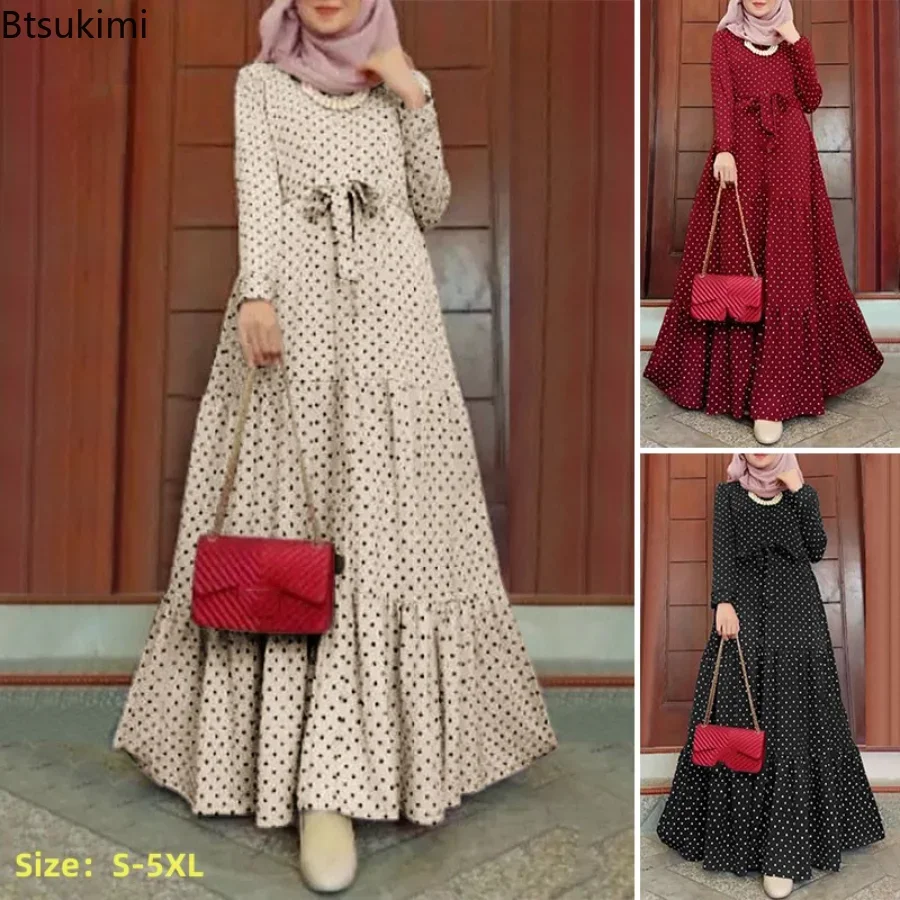 2024 Women Polka Dot Long Sleeve Dress Stylish Belts Party Robe Loose Maxi Dress Woman Muslim Kaftan Morocco Abaya Hijab S-5XL