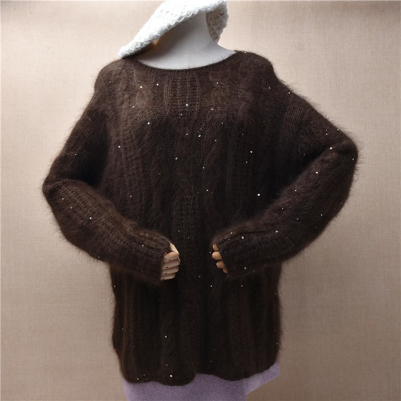 Women Mujer Autumn Winter Brown Sequins Beading Hairy Angora Rabbit Hair Knitted O-Neck Long Sleeves Loose Pullover Sweater Pull