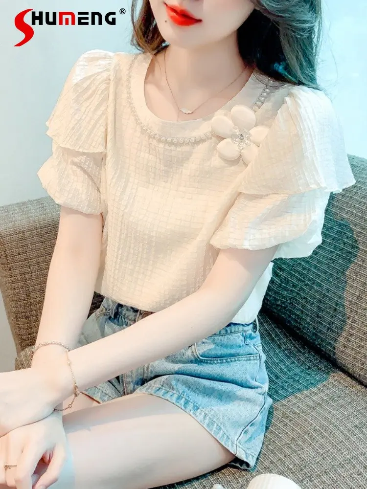 

Summer Short-Sleeved Chiffon Shirt Women's Outer Wear 2023 New French Age-Reducing Blouse Crew Neck Puff Sleeve Tops