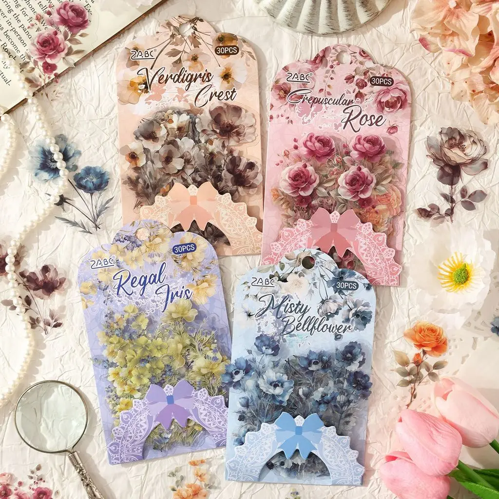 30-teiliges Blumen-Scrapbook-Aufkleber-Set, Vintage-Blumen, transparente Aufkleber für Scrapbooking-Zubehör, ästhetisches Junk-Journal-Bastelarbeiten