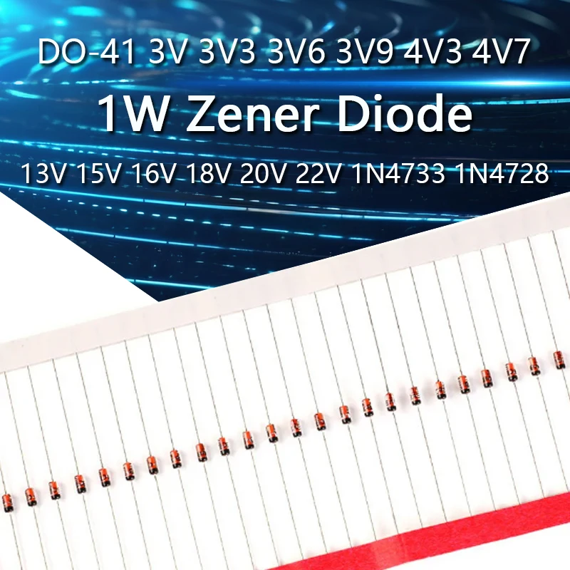 50pcs 1W Zener diode DO-41 3V 3V3 3V6 3V9 4V3 4V7 5V1 5V6 6V2 6V8 7V5 8V2 9V1 10V 11V 12V 13V 15V 16V 18V 20V 22V 1N4733 1N4728