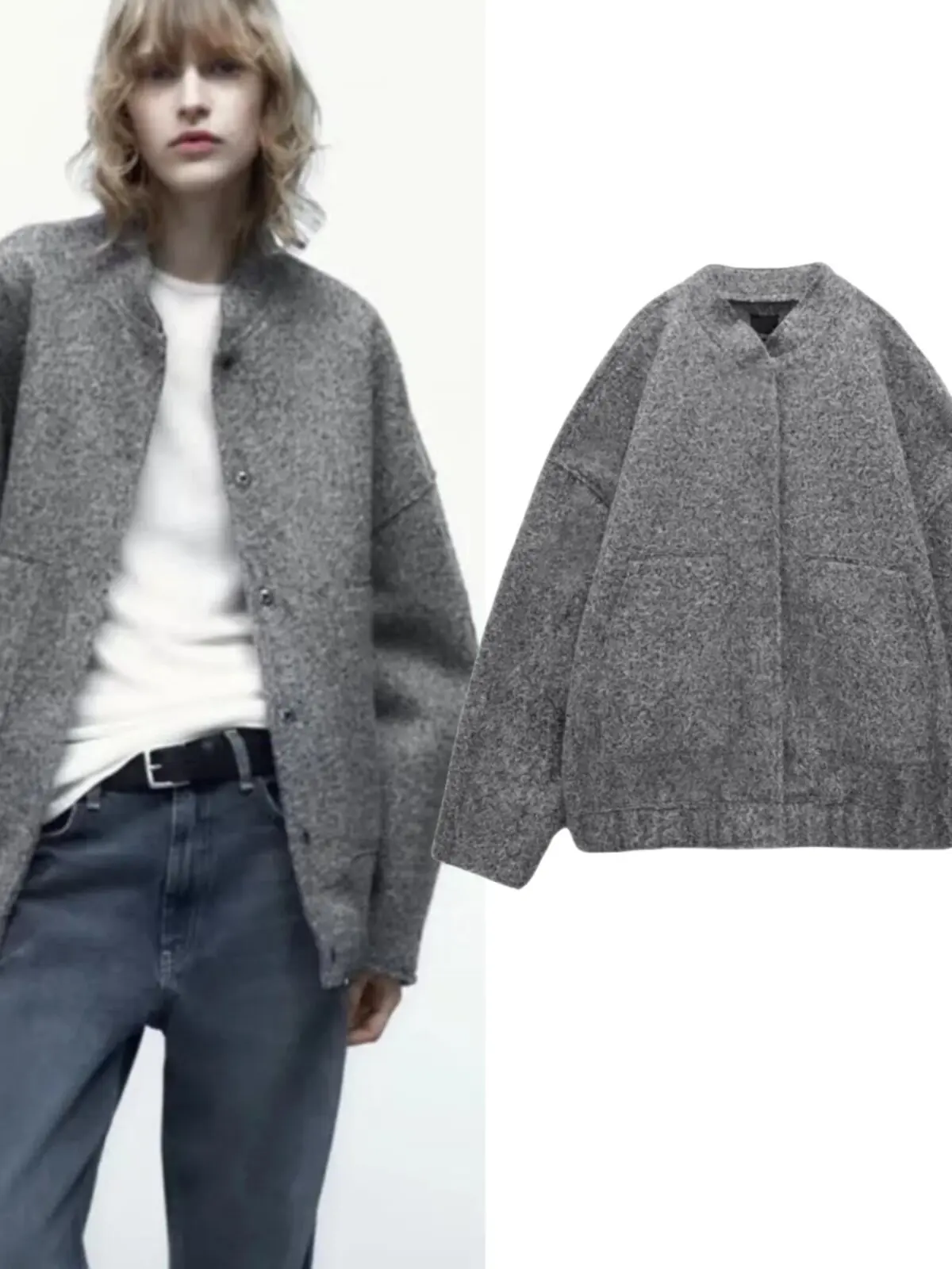 Autumn Winter Women's Versatile Wool Blend Stand Collar Loose Warm Pilot Jacket Coat Polyester Fiber Long Sleeve  Color