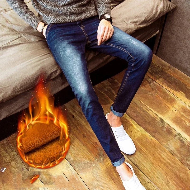 New arrival 2024 autumn winter Casual thicken thermal Fleece men's add wool Denim teenagers pencil pants hot men's jeans