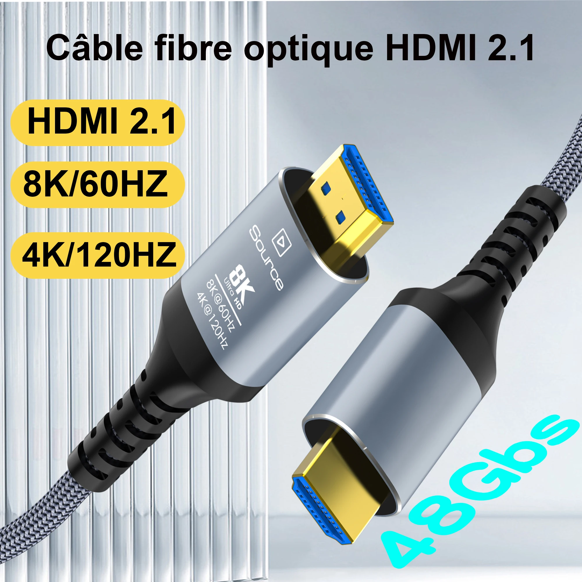 CYANMI Câble HDMI Fibre Optique 10M/15M/50M/100M, 48Gbps Câble HDMI 2.1 Haut Débit 8K@60Hz 4K@120Hz Dolby/Dynamic HDR/HDCP 2.3/eARC 8K Cordon HDMI Fibre Unidirectionnel Compatible avec Blu-ray/TV