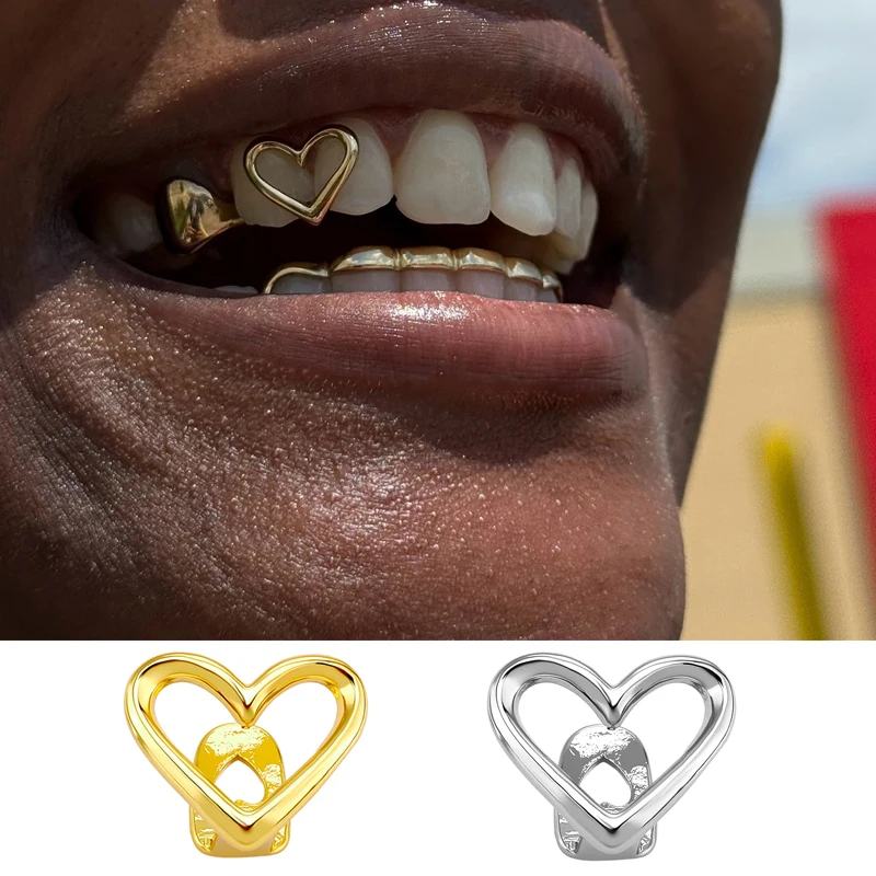 TOPGRILLZ Y2K Glossy Big Small Hollow Heart Teeth Cap Single Cute Gold Silver Color 18k Plated Tooth Grillz For Men Women Gift