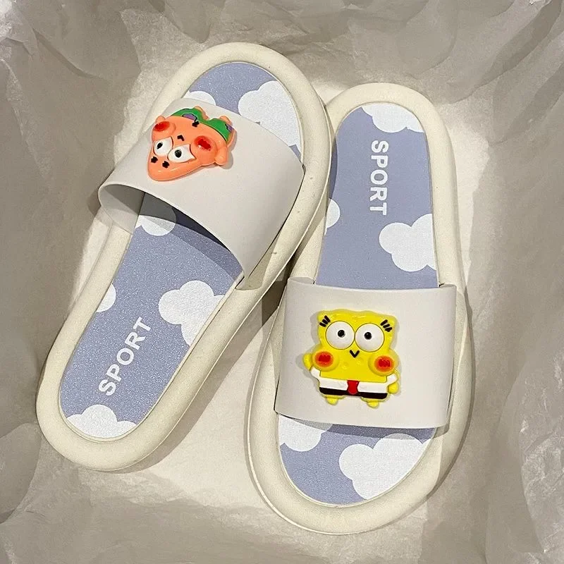 New Style Kawaii Anime Cartoon Cute SpongeBo SquarePants Summer Thick Sole Increase Word Sandals Student Wear Outside Indoor