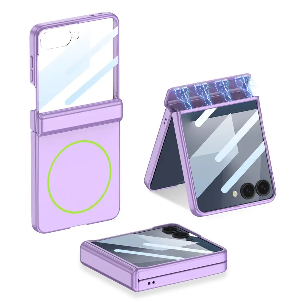   Para samsung galaxy z flip 7 caso de vidro magnético carregador capa dobradiça vidro sem fio caso tela pequena à prova de choque wi w6t1