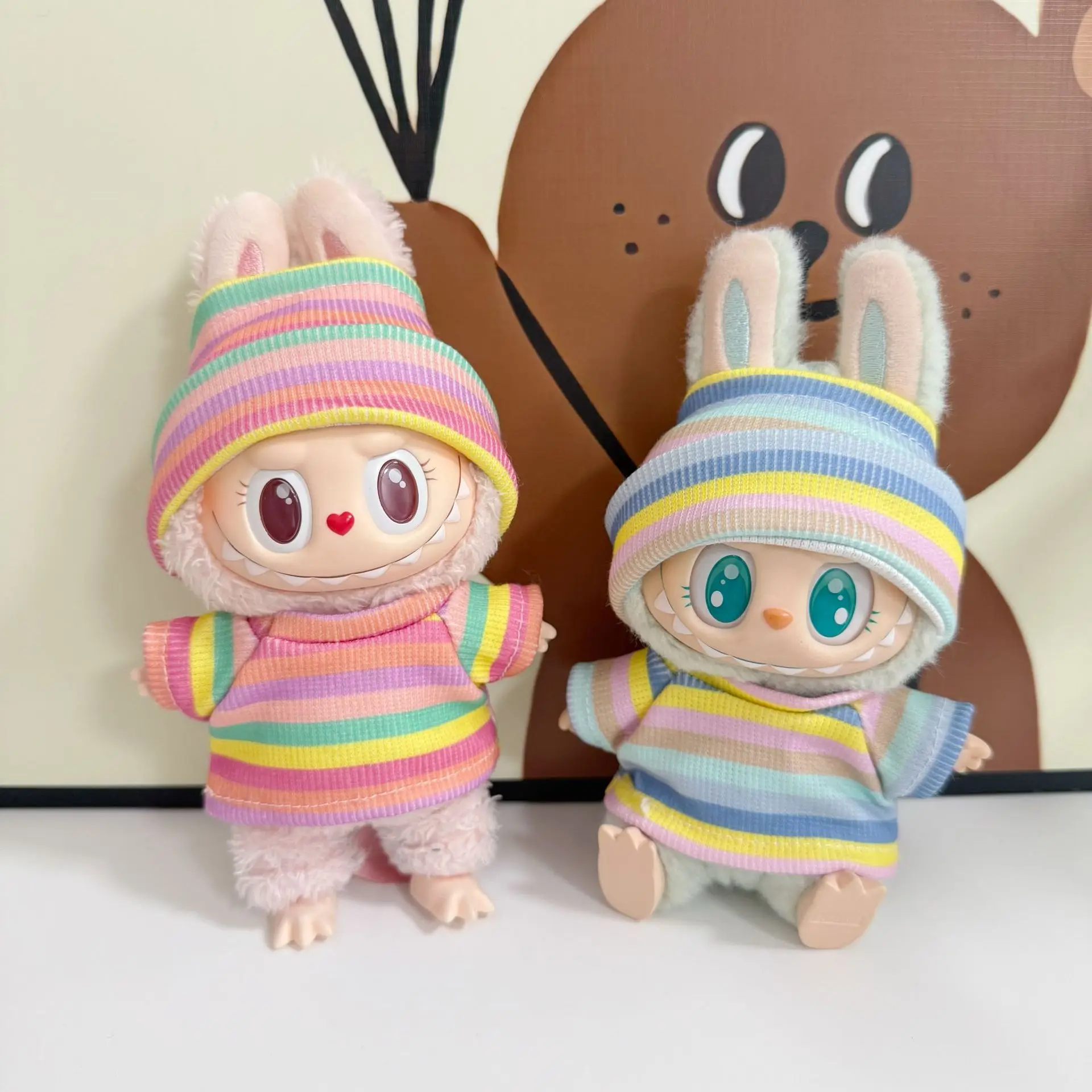 

Doll Clothes For 15/17cm 1st-3rd Gen Plush Labubu New 2Piece Stretch Top Set Rainbow Solid Colors Striped Design