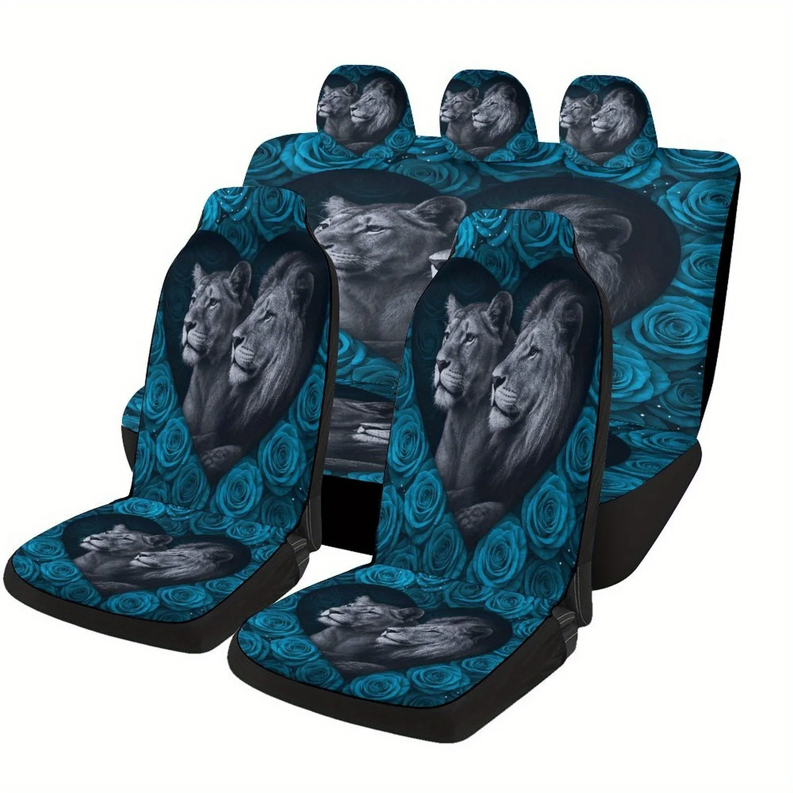 

Lion Heart Roses Themed Car Seat Cover Set For Most Cars, Fashionable Novelty Car Seat Protector Covers Full Set, Universal Car
