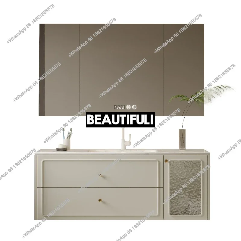Z136French cream wind bathroom cabinet combination rock slab hot bending integrated basin oak washstand