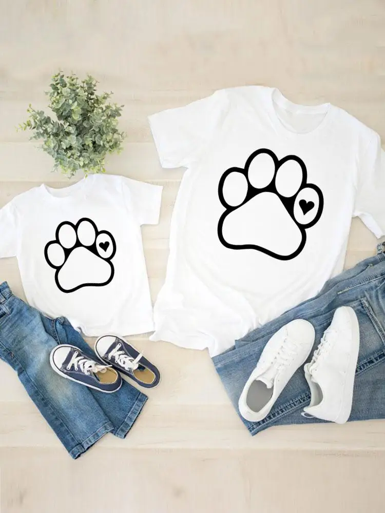

Women Child Kid Paw Print Fashion Cute Clothing Graphic T-shirt Tee Boy Girl Summer Mom Mama Clothes Family Matching Outfits