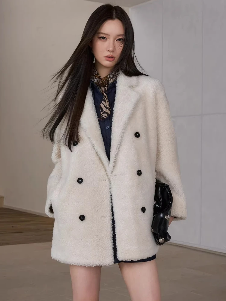 

High-end Luxury Merino Sheep Fur Plush Jackets for Women Simple Double Breasted Mid-length Winter Genuine Leather Real Fur Coat