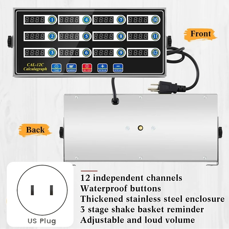 12-Channel Digital Kitchen Timer, Commercial Cooking Timer with Loud Alarm, Large LCD Display, for Restaurants US Plug