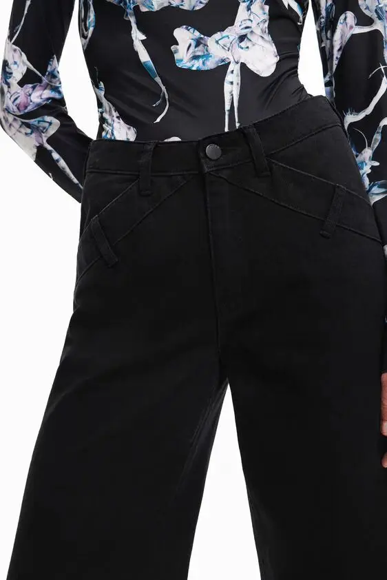 Foreign trade original single Spanish autumn and spring fashion pocket black denim wide-leg pants