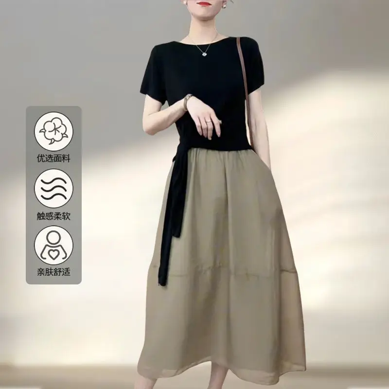 تي شيرت نسائي صيفي جديد بأشرطة عصرية لتقليل العمر من القطن الخالص بأكمام قصيرة