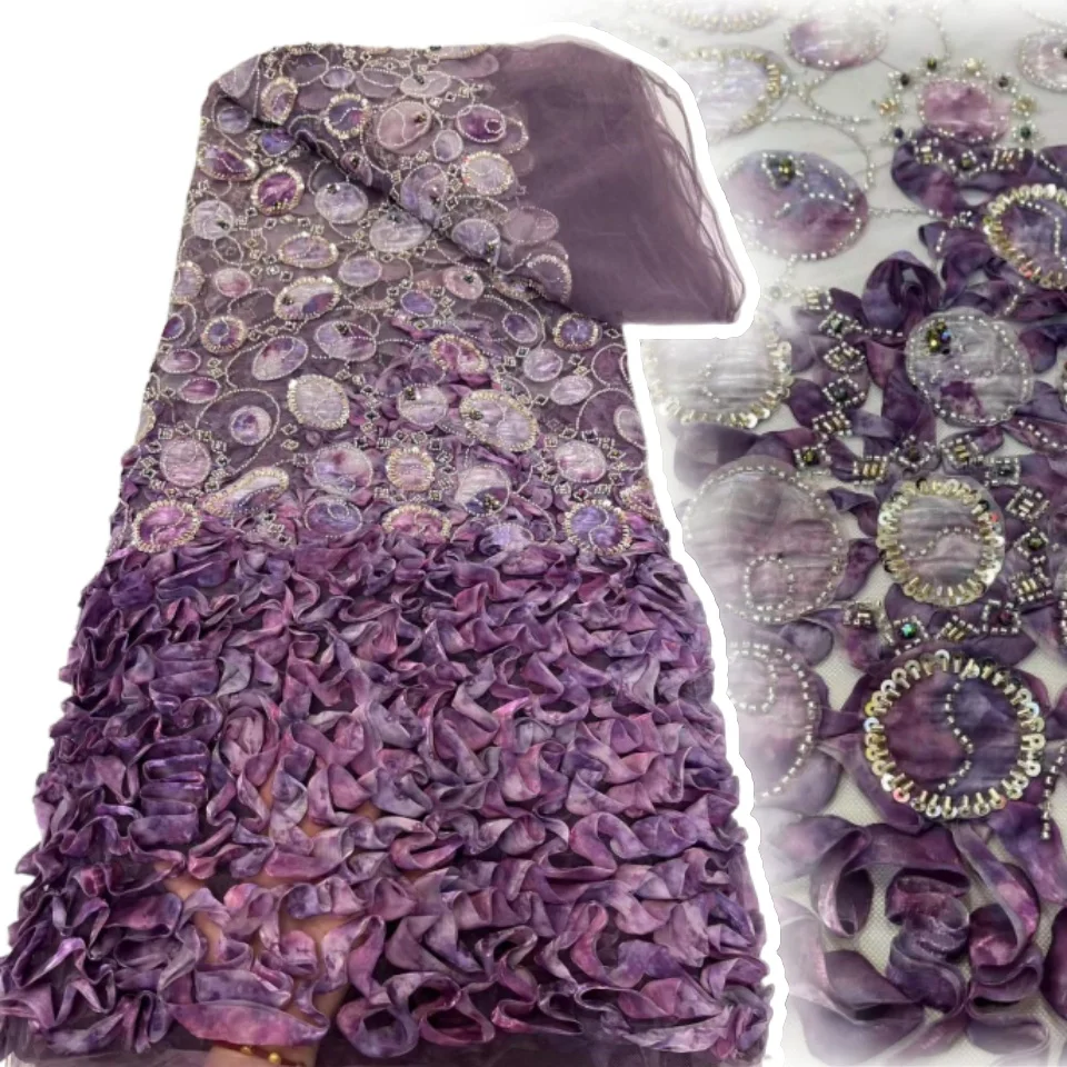 

Unique 3D Beads Lace Fabric 2025 High Quality Mesh Embroidery Applique 3D Flower Tulle Nigerian Lace Fabrics for Bridal SZ1258