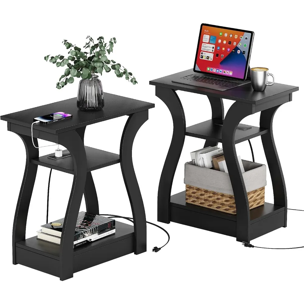 End Table Set of 2 with Charging Station, Side Table with USB Ports and Outlets, Nightstand, 3 Tier End Table with Storage Shelf